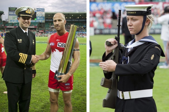 Left: Sydney’s Commanding Officer Captain Peter Leavy presents the award for the man of the match to the Swans’ Jarrad McVeigh. Right: Members of Sydney’s crew formed the catafalque party for the first HMAS Sydney (II) Memorial match between the Sydney Swans and Fremantle Dockers.