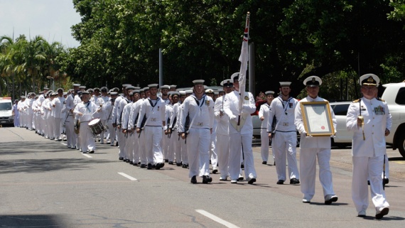 The Royal Australian Navy and HMAS Coonawarra march down The Esplanade during their Freedom of Entry to the city of Darwin parade, 2013.