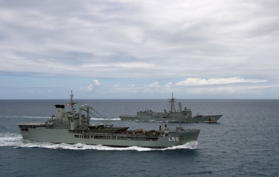 HMAS Sydney conducting Officer of the Watch Manoeuvres (OOWMANS) with HMAS Tobruk. Tobruk decommissioned in 2015, the same year in which Sydney’s operational service came to an end.