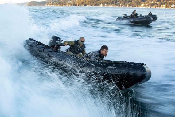 Royal Australian Navy Clearance Divers conduct small boat handling exercises on Zodiac inflatable boats, at Pittwater Training Facility, NSW.