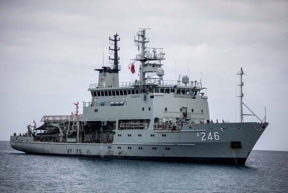 Leeuwin Class survey ship HMAS Melville sails towards Queen Salote Wharf in Nukuʻalofa, Tonga.