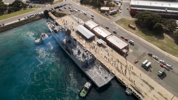 HMAS Toowoomba returns to Fleet Base West in Western Australia after being deployed for six months on Operation MANITOU.