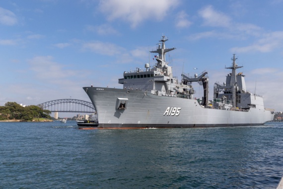 NUSHIP Supply arrives at her home port for the first time, at Fleet Base East, Sydney.