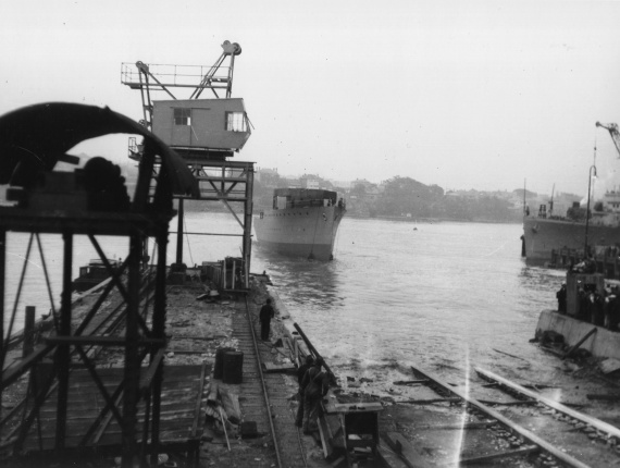 HMAS Bathurst (I) takes to the water for the first time at Cockatoo Island Dockyard on 1 August 1940.