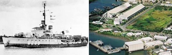 Left: World War II Bathurst Class Corvette HMAS Cairns (AWM AWM045083) Right: HMAS Cairns before redevelopment in 2008-2009. 