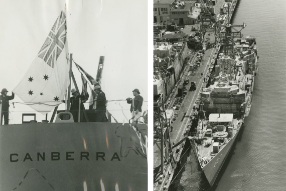 Left: The Australian White Ensign is temporarily hoisted on the occasion of Canberra's launching. Right: Canberra fitting out in Seattle.