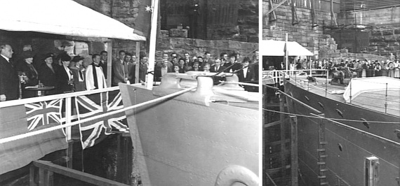 The official launching party watch on as the dock valves are opened and the ship floated for the first time. (L: AWM 009439, R: AWM 009438).