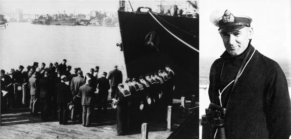 Left: Commissioning of HMAS Armidale (I) in Sydney, 11 June 1942. Right: Lieutenant Commander David H Richards, RANR(S), Commanding Officer HMAS Armidale (I).