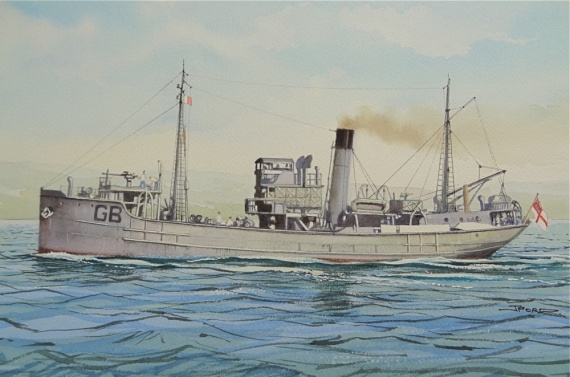 Artist John Ford's watercolour of HMAS Goonambee on patrol. (used with permission)