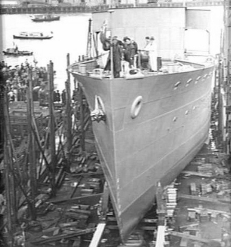 HMAS Katoomba on the launching cradle at the yards of Poole & Steel Ltd shortly before being launched on 16 April 1941.