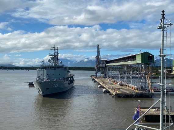 HMAS Melville departs her homeport in Cairns to conduct hydrographic survey work as part of a deployment to the Bass Strait.