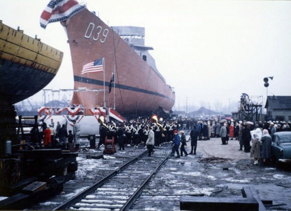 HMAS Hobart (II) on the slipway prior to her official launching.