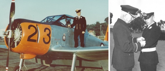 Left: Midshipman Kavanagh beside the cockpit of a Winjeel trainer in which he learnt to fly. Right: The presentation of his naval pilot wings on successful completion of advanced flying training, 4 May 1964.