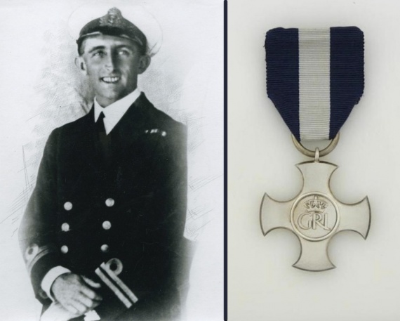 A pre-war portrait of the then Lieutenant JF Rayment, RAN. Right: The Distinguished Service Cross.