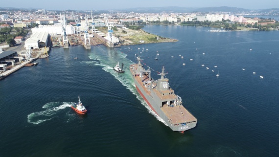 Royal Australian Navy Auxilliary ship, NUSHIP Stalwart launches in Ferrol, Spain.