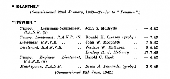 HMAS Iolanthe first appeared in the October 1943 edition of the Navy List: https://seapower.navy.gov.au/sites/default/files/documents/Navy_List-October-1943.pdf