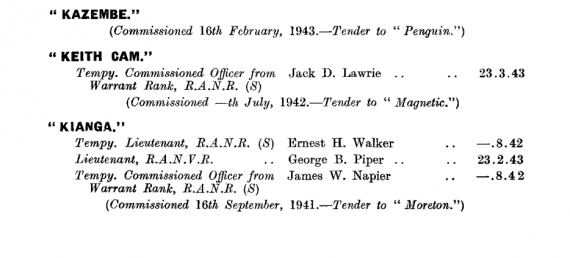 HMAS Kazembe first appeared in the April 1943 edition of the Navy List: https://seapower.navy.gov.au/sites/default/files/documents/Navy_List-April-1943.pdf