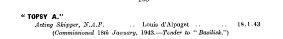 HMAS Topsy A first appeared in the April 1943 edition of the Navy List: https://seapower.navy.gov.au/sites/default/files/documents/Navy_List-April-1943.pdf