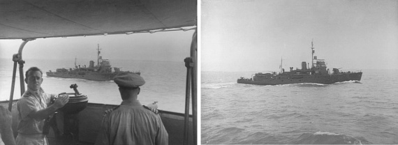 Left: Shepparton underway, seen from the bridge of HMAS Moresby, in the Timor Sea, circa 1944. Bother vessels were part of the survey group undertaking hydrographic survey of the approaches to Darwin through the Timor Sea in anticipation of the ships of the British Pacific Fleet using this passage to transit from the Indian Ocean. On the bridge of HMAS Moresby are Lieutenant Lewis A Jones RANVR (left) and Moresby's captain Commander Colin G Little OBE DSC MID. (AWM P02305.015). Right: Shepparton underway.