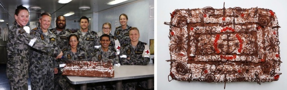 Left: Commanding Officer HMAS Success, Captain Justin Jones, RAN (second left) cuts the Navy's 114th birthday cake with HMAS Success' youngest sailor, Able Seaman Boatswains Mate Melissa Sirett while surrounded by members of ship's company during Operation MANITOU in the Middle East Region. Right: A cake prepared by HMAS Success Maritime Logistics - Chefs to celebrate the Royal Australian Navy's 114th birthday while deployed in the Middle East Region as part of Operation MANITOU.