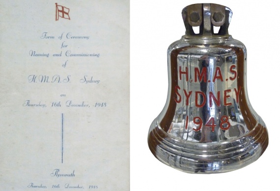HMAS Sydney (III)'s commissioning brochure and ship's bell. The bell is now on display at the RAN Fleet Air Arm Museum, Nowra, NSW.