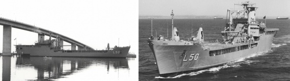 Left: Tobruk passing beneath the Stockton Bridge on the Hunter River, on her maiden voyage from Tomago to Newcastle. Right: Tobruk conducting her initial sea trial.