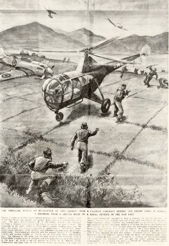 An artist's impression of Chief Petty Officer Dick Babbit's (USN) rescue of Sub Lieutenant Neil MacMillan and Chief Petty Officer Phillip Hancox.