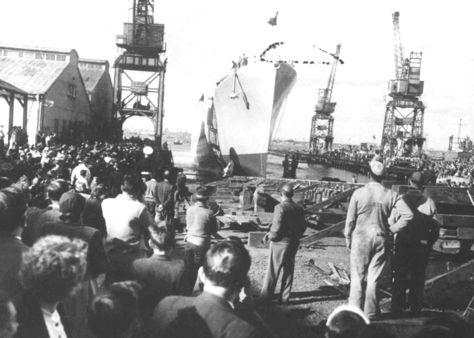 The launching of Yarra (III) by Lady McBride, wife of the Minister for Defence on 30 September 1958.
