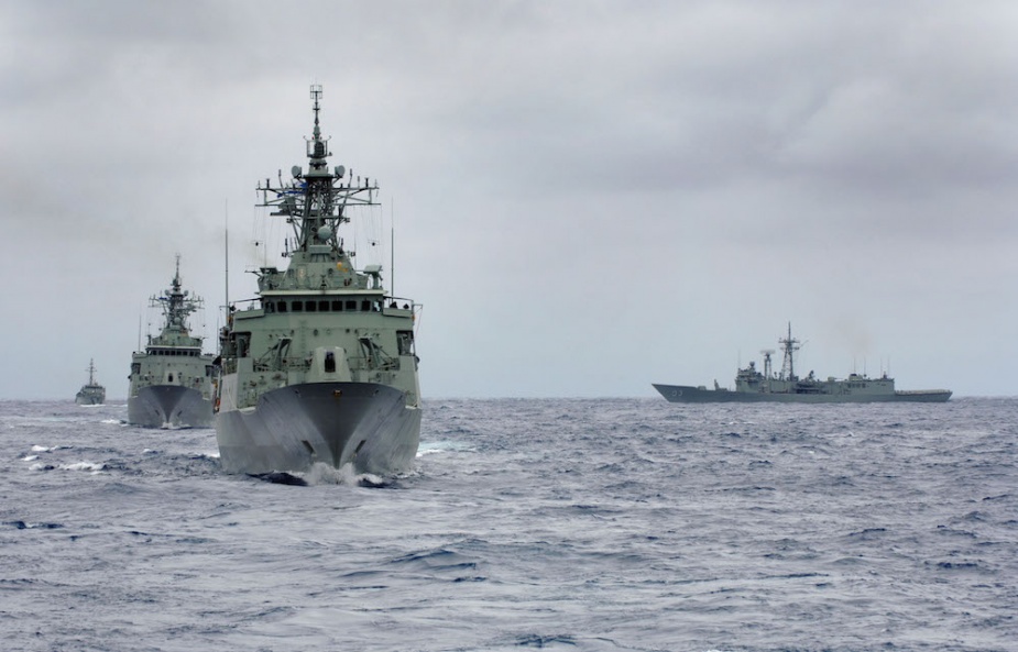 Sydney conducting Officer-of-the-Watch Manoeuvres with HMA Ships Stuart, Warramunga, Yarra and Gascoyne during Exercise OCEAN PROTECTOR.