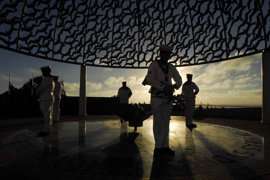 Sunset at the Dome of Souls - current serving  members of HMAS Sydney (IV) form a Catafalque Party at the HMAS Sydney (II) Memorial in Geraldton, Western Australia.