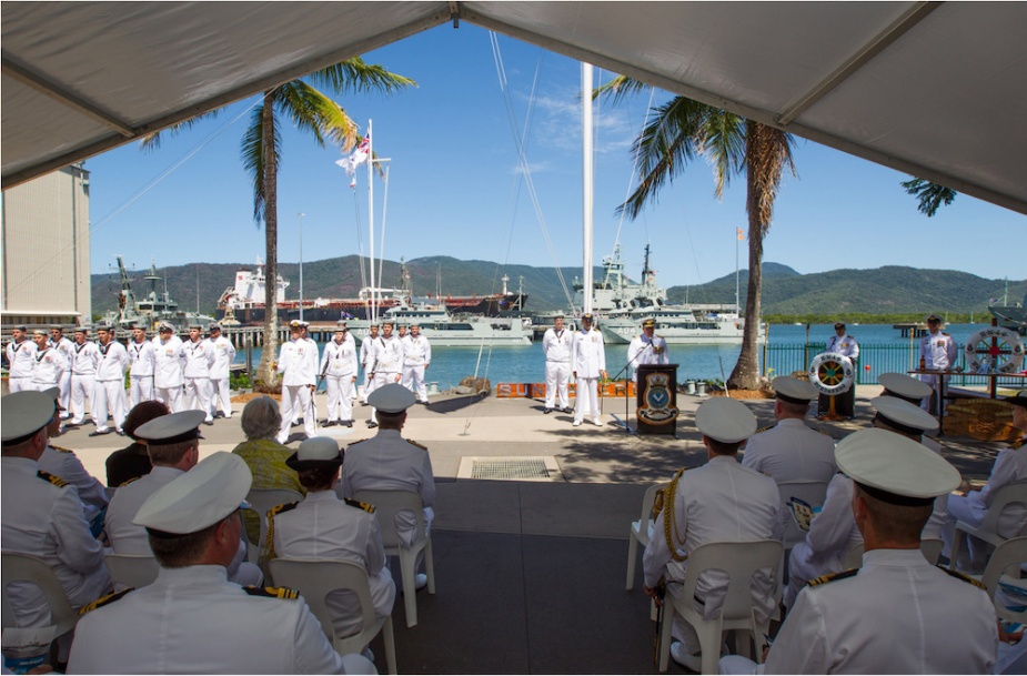 Commander Australian Fleet, Rear Admiral Stuart Mayer, CSC, RAN addresses the attendees of the decommissioning of HMAS Bundaberg during a ceremony held at HMAS Cairns.