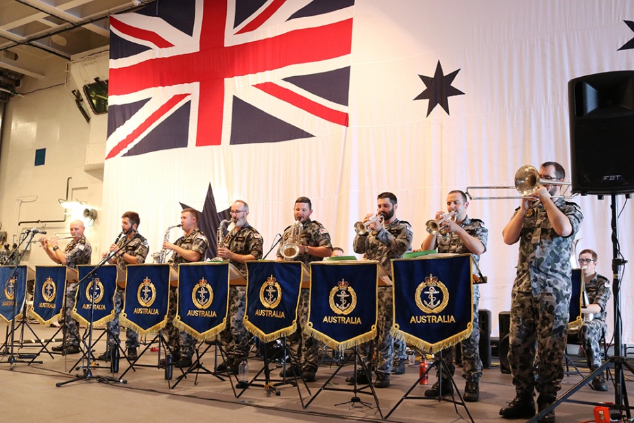 RAN Band performing aboard HMAS Adelaide during Indo-Pacific Endeavour 2018.