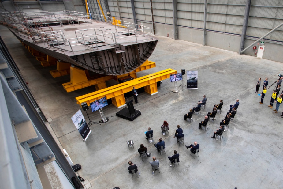 Head of Maritime Systems, Rear Admiral Wendy Malcolm, CSM, RAN and VIPs attend a keel laying ceremony for Offshore Patrol Boat number 3, NUSHIP Pilbara, at the Civmec facility in Henderson, Western Australia.