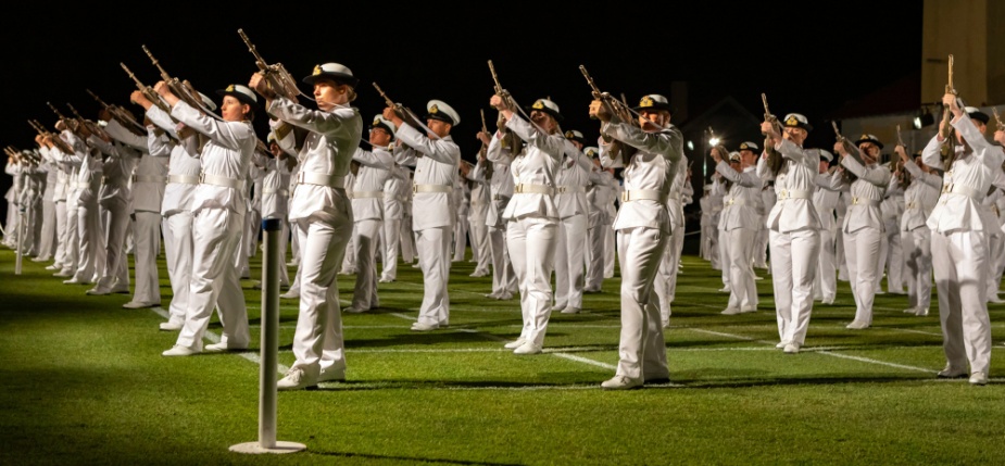 Royal Australian Navy New Entry Officers from Course 63 during a Ceremonial Sunset Parade at HMAS Creswell, Jervis Bay, November 2020.