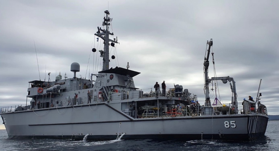 Royal Australian Navy minehunter HMAS Gascoyne sails in the waters off the coast of Northern Tasmania as part of Fleet Certification Period 2021.