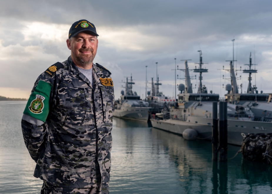 Warrant Officer Andrew Lee wears the Royal Australian Navy's new Maritime Multi-Cam Pattern Uniform at HMAS Coonawarra, Darwin, NT