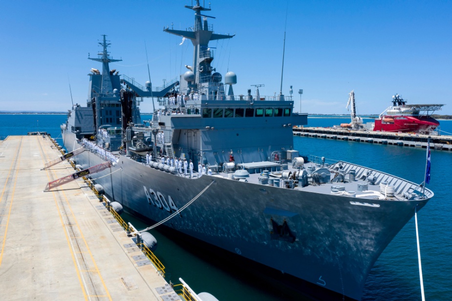 The crew of HMAS Stalwart line the ship's upper decks during the commissioning ceremony at Fleet Base West, Rockingham, 13 November 2021.