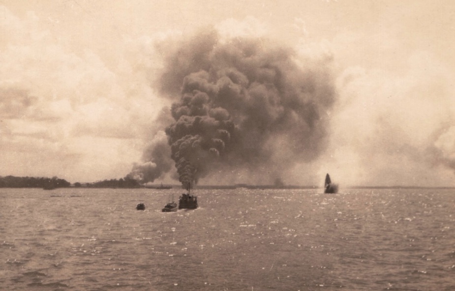 The view of Darwin Harbour amid the 19 February 1942 aerial attack.