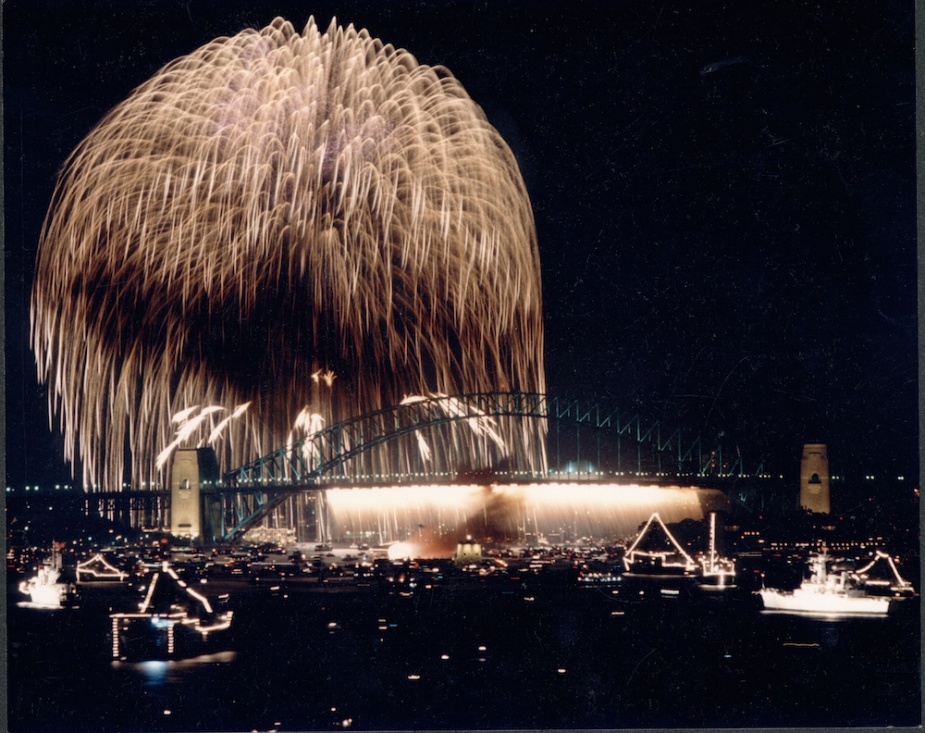 The fireworks finale dwarfs the Sydney Harbour Bridge during the 75th Anniversary Fleet Review in 1986.