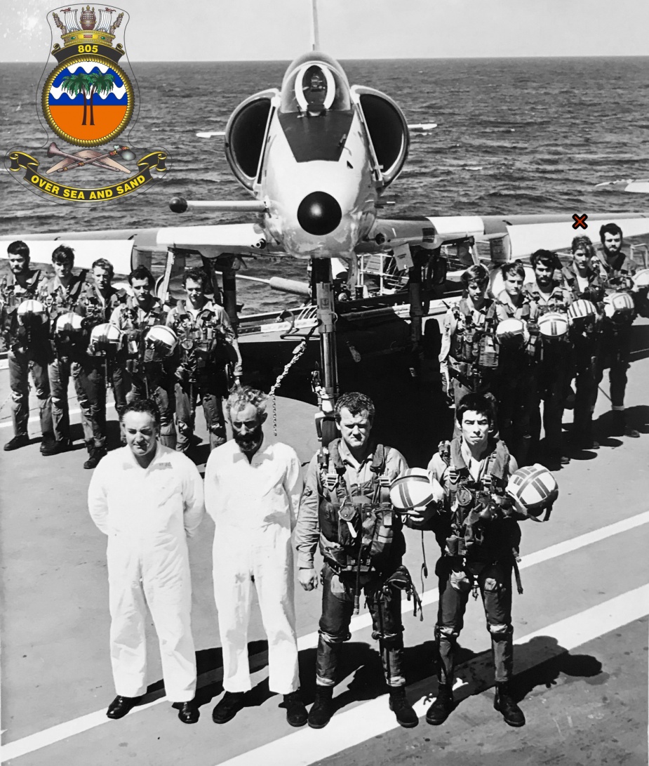 805 Squadron officers onboard HMAS Melbourne 1973. Rear: L-R: R. McMillan, J. Clark, P. Cox, P. Clark, G. Winterflood, J. McCauley, C. Rex, B. Evans, G. Donovan. Front: L-R: T. Willis (Engineer), P. Brown (Engineer), W. Callen (CO VF805 SQN), C. Olsson (Senior Pilot)