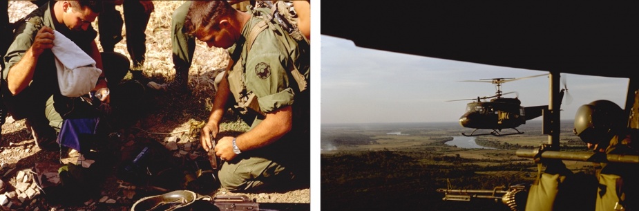 Left: The RANHFV aircrew often supported soldiers of the US 9th Infantry Division, pictured here. Right: UH1s flown by members of the RANHFV over the Mekong. (Ray Godfrey collection)