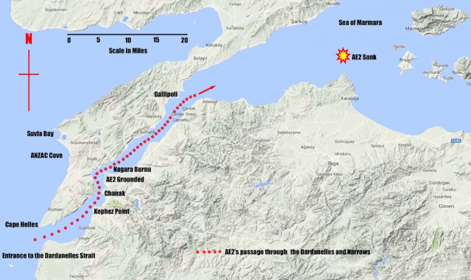 The track of AE2 through the Dardanelles and into the Sea of Marmara (Marmora)where she was later lost