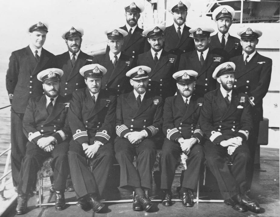 The men of Anzac's wardroom pose for a picture during the ship's second deployment to Korea. A 'beard growing' competition appears to be well-advanced. c.1952. (Robertson Collection)