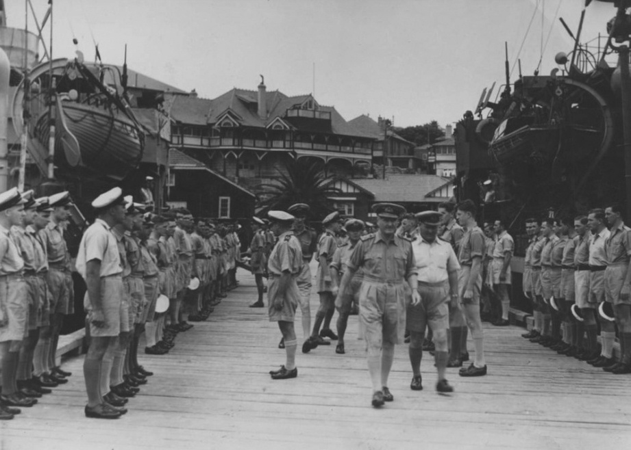 Admiral Sir Bruce Fraser, GCB, KBE, RN inspects men of the 2nd Minesweeping Flotilla in Watsons Bay, Sydney, November 1944.