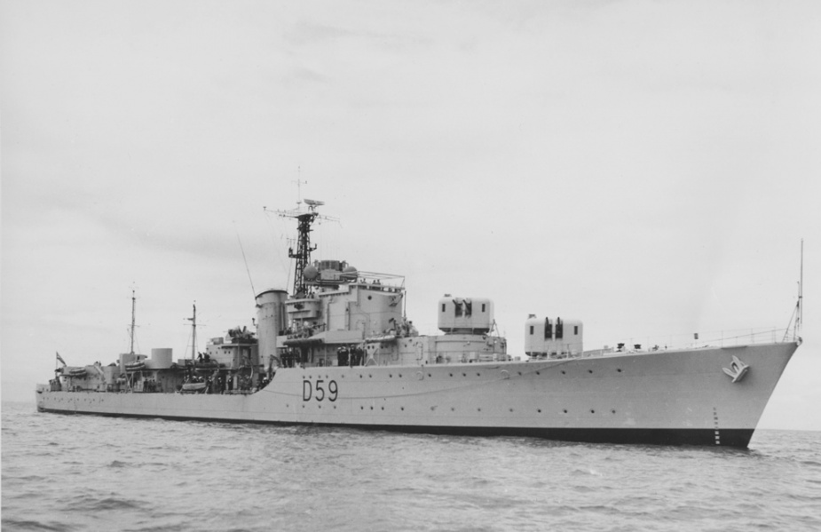 With her forward turrets trained to starboard HMAS Anzac (II) made a menacing sight when this photograph was taken in March 1951.