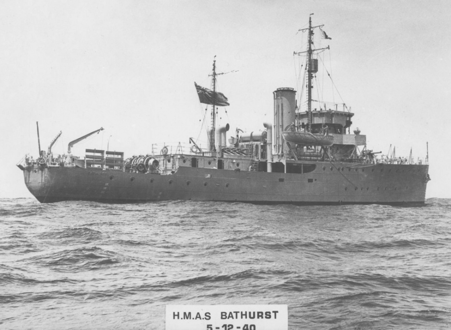 HMAS Bathurst (I) undergoing sea trials prior to commisioning. Note the Red Ensign flying from her mainmast indicating that she is still in the hands of the builders and yet to be handed over to the RAN.
