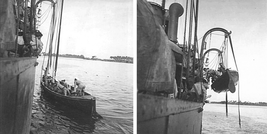 Members of the crew of Bendigo recover a whaleboat aboard while the vessel is anchored in the harbour of Madang, New Guinea, circa November 1944. (L: AWM 078118, R:  AWM 078119)