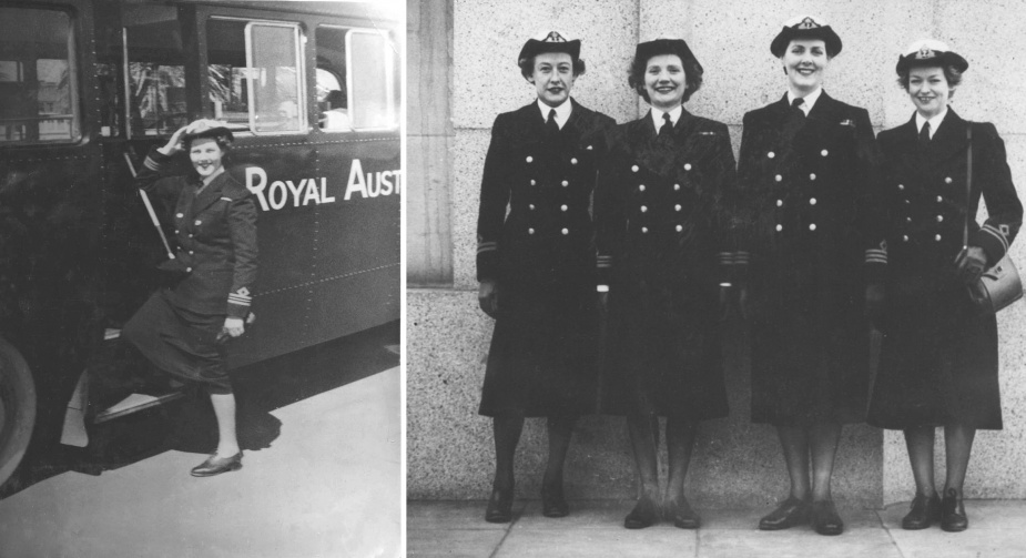 Left: First Officer Blair Bowden, HMAS Cerberus, circa 1951. Right: Chief Officer Bowden with fellow officers of the WRANS, circa 1951.