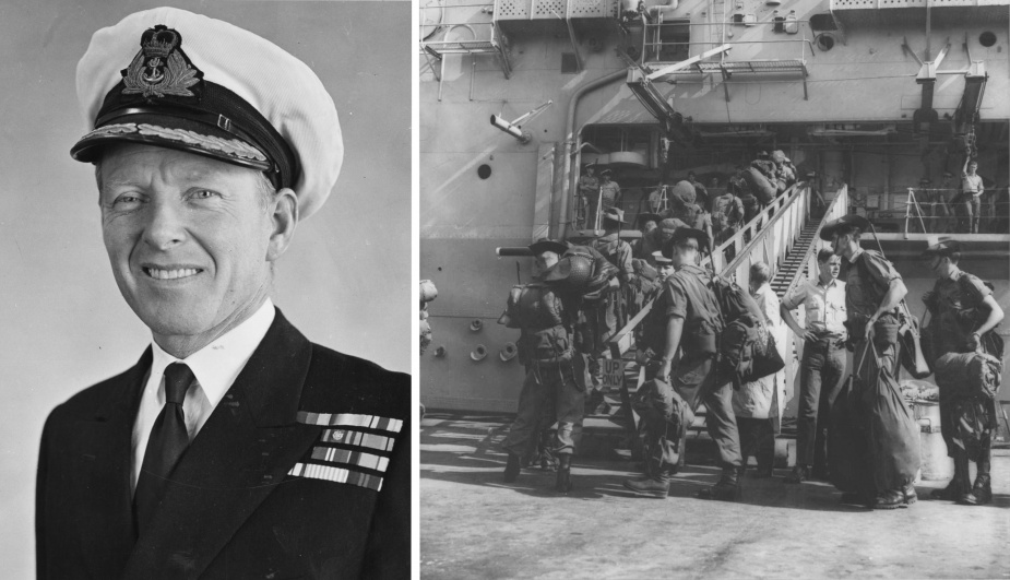 Left: Captain JP Stevenson, RAN. Right: Troops embark in Sydney alongside Garden Island Dockyard.