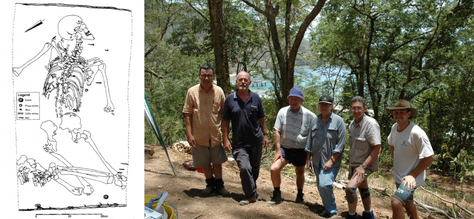 Left: The remains as they were found in the unmarked grave. Right: Tony Lowe, Jim Parsons, Brian O'Shannassy, Denise Donlon, Russell Lain and Matt Blenkin.